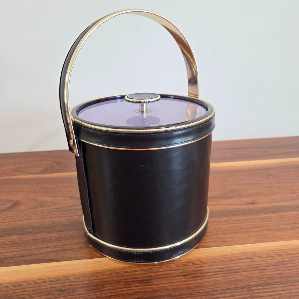 Vintage Mid Century MCM Black Faux Leather Ice Bucket Retro Barware Cocktails